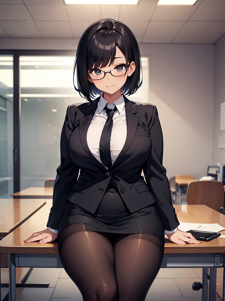 masterpiece, best quality, high definition images, atmospheric perspective, expressive eyes, perfect face, ultra detailed, solo,  1mature seductive woman while undressing, sitting on desk, alluring pose, sexy, black short bob hair, simple glasses, calm smile, shy, female teacher, business suit, jacket, blouse, pencil skirt, tight mini skirt, lifting skirt, spread legs, black panties, curvy, thighs, pantyhose, high heals,  in study room,