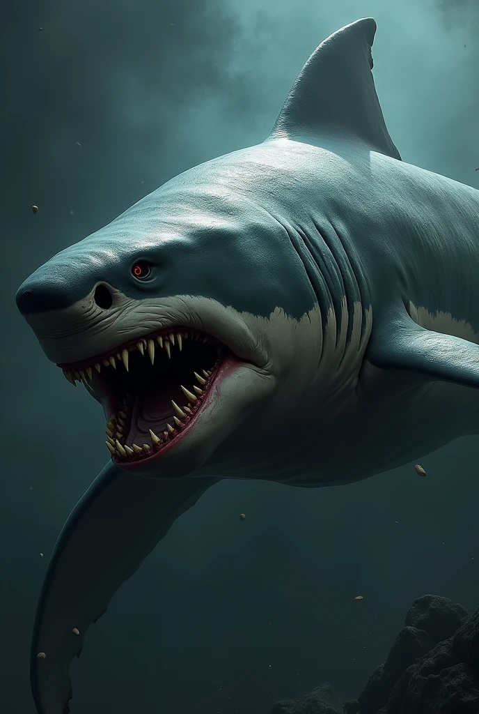 A shark with a muscular and robust body, with worn scales and deep scars running across its skin. His eyes are small and sinister, giving an impression of evil. The teeth are long and sharp., with a macabre glow. His mouth is slightly open, showing a row of tearing teeth. Instead of normal fins, You can add details like torn edges or scars on them to accentuate their menacing appearance.. Add shadows and dark effects to intensify the evil look