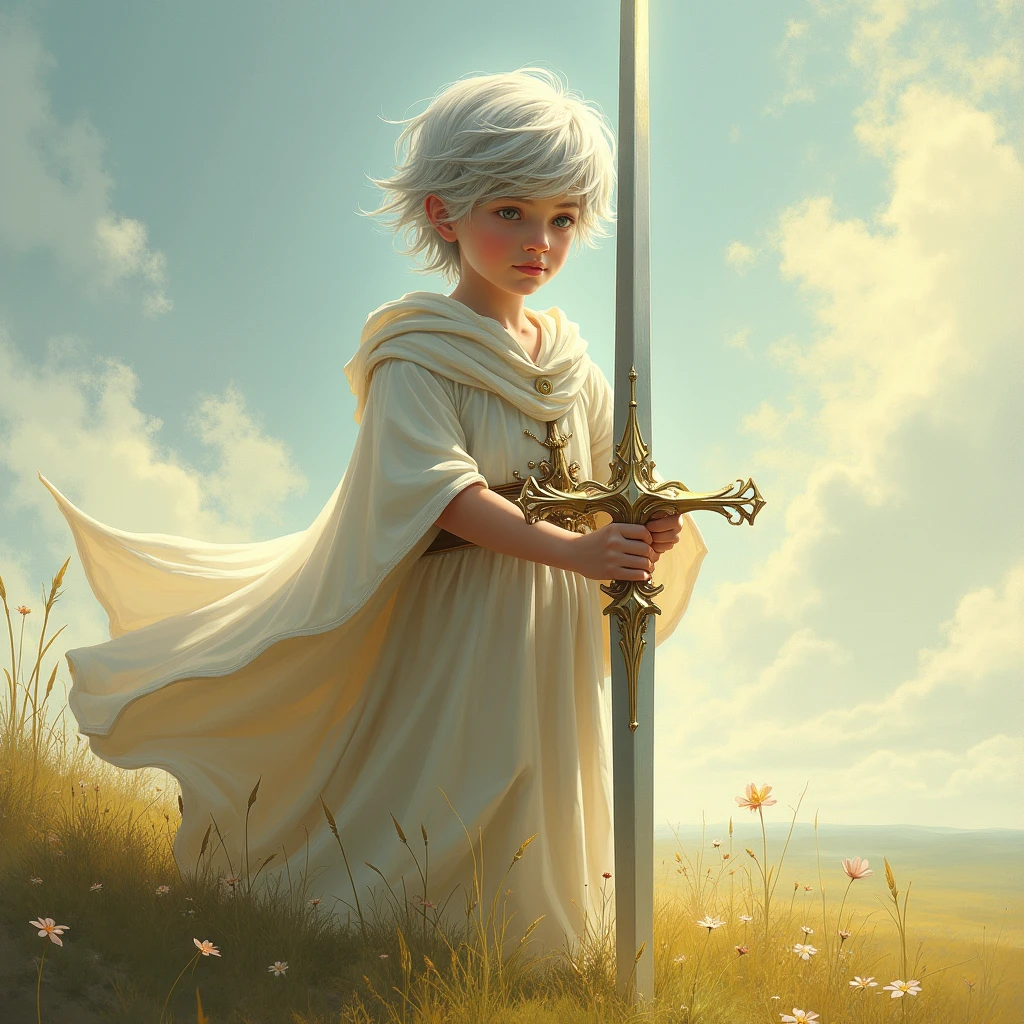A boy with silver hair and Excalibur weapon