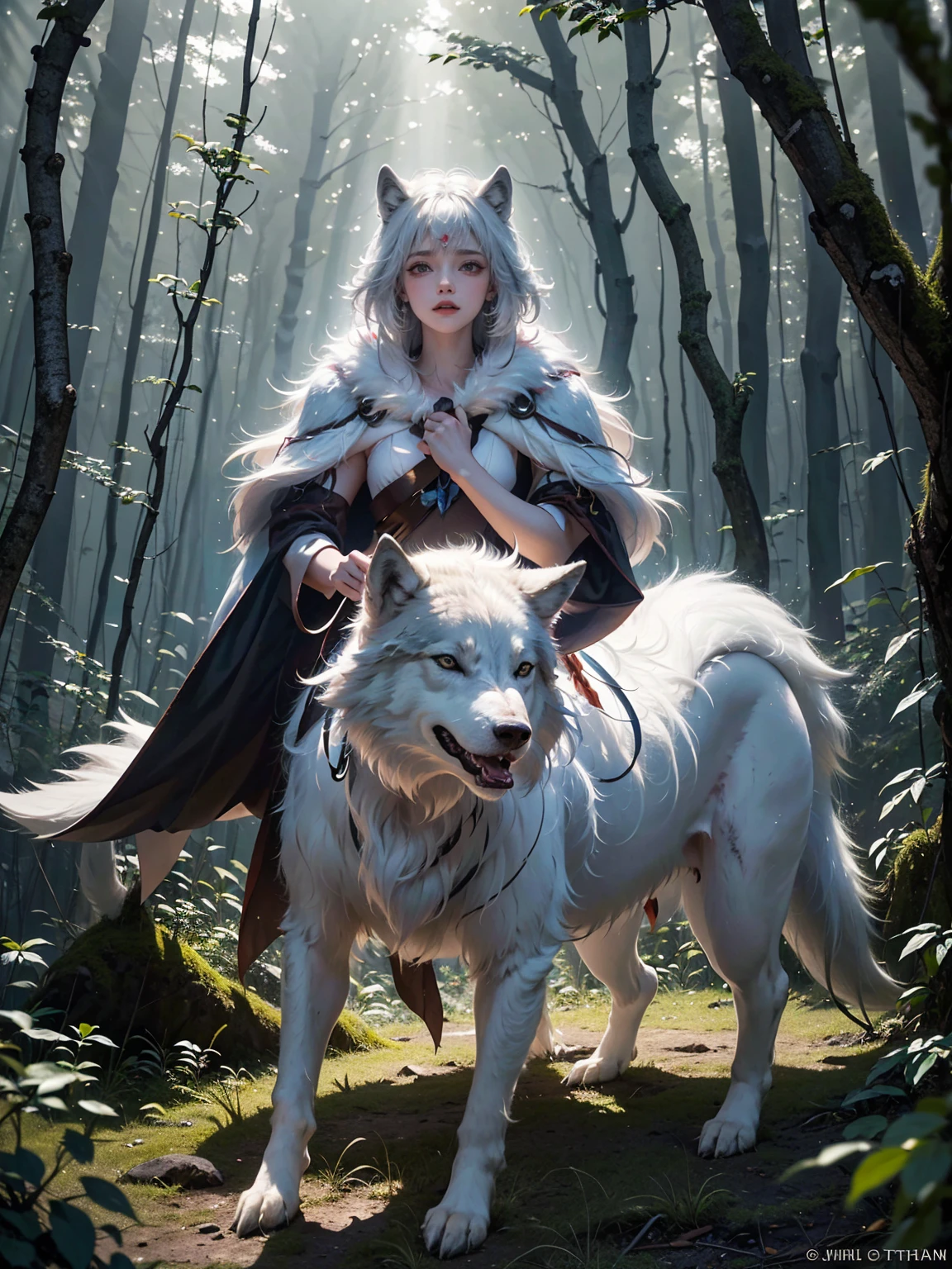 Create a detailed and mystical image of San, the protagonist from Princess Mononoke,黒い髪,(( riding a large, white wolf through a dense)), ancient forest. The scene should capture the magical and ethereal atmosphere of the forest, with tall, moss-covered trees, and shafts of light filtering through the thick canopy. San should be depicted in her iconic attire: a white fur cloak, tribal markings on her face, and a determined, fierce expression. The white wolf should appear powerful and majestic, with a calm but alert demeanor. The overall mood should convey a deep connection between San, the wolf, and the natural world around them, evoking the spirit of the forest,顔アップ,((幸せそうに笑って)),