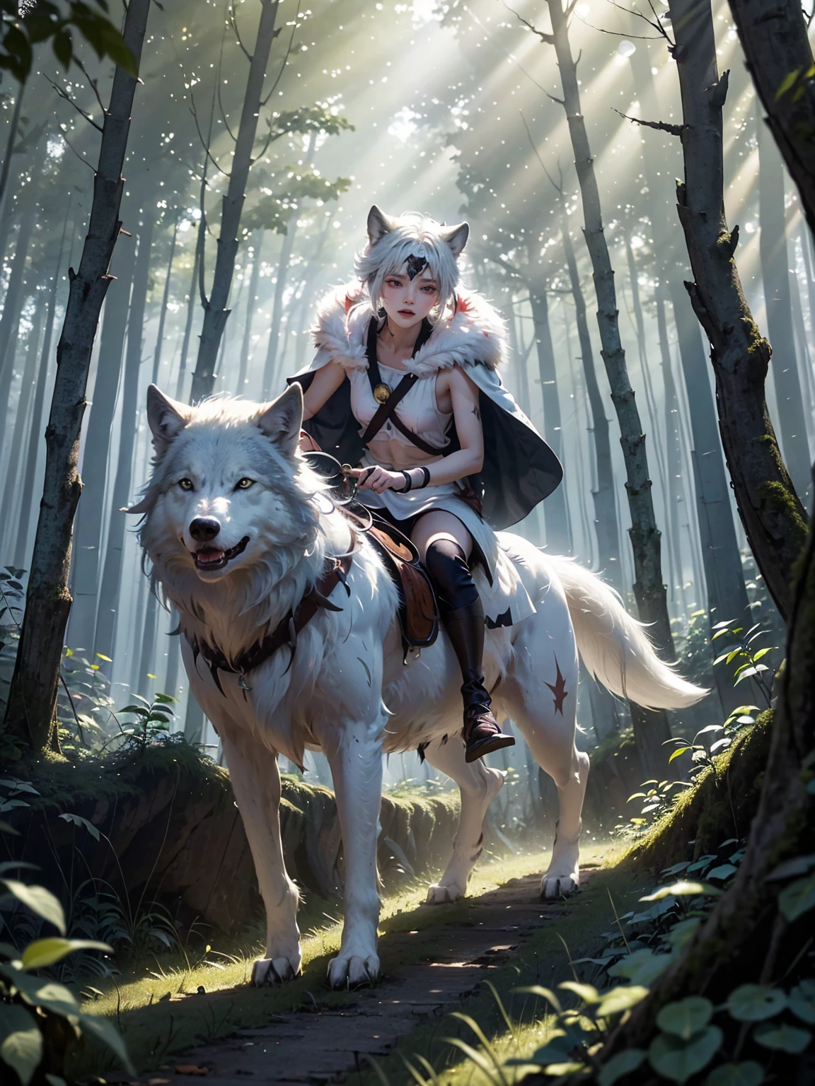 Create a detailed and mystical image of San, the protagonist from Princess Mononoke,黒い髪,(( riding a large, white wolf through a dense)), ancient forest. The scene should capture the magical and ethereal atmosphere of the forest, with tall, moss-covered trees, and shafts of light filtering through the thick canopy. San should be depicted in her iconic attire: a white fur cloak, tribal markings on her face, and a determined, fierce expression. The white wolf should appear powerful and majestic, with a calm but alert demeanor. The overall mood should convey a deep connection between San, the wolf, and the natural world around them, evoking the spirit of the forest,顔アップ,((幸せそうに笑って)),