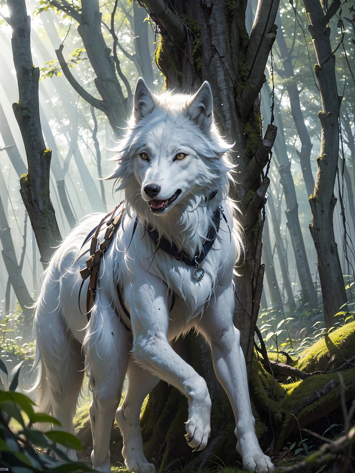 Create a detailed and mystical image of San, the protagonist from Princess Mononoke,黒い髪,(( riding a large, white wolf through a dense)), ancient forest. The scene should capture the magical and ethereal atmosphere of the forest, with tall, moss-covered trees, and shafts of light filtering through the thick canopy. San should be depicted in her iconic attire: a white fur cloak, tribal markings on her face, and a determined, fierce expression. The white wolf should appear powerful and majestic, with a calm but alert demeanor. The overall mood should convey a deep connection between San, the wolf, and the natural world around them, evoking the spirit of the forest,顔アップ,((幸せそうに笑って)),