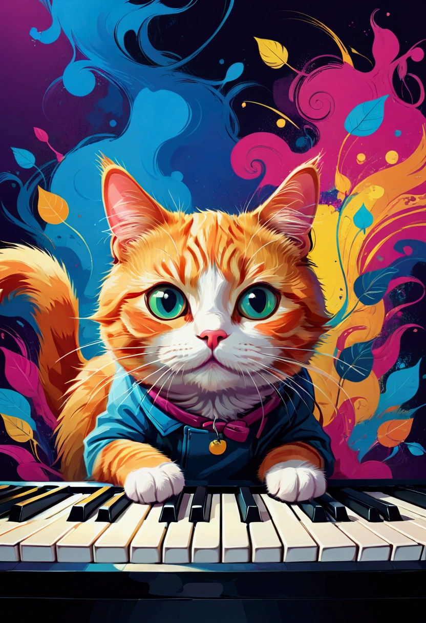 1cat, Meme, Keyboard Cat, cute cat, cartoon cat, funny cat, cat playing keyboard, colorful background, digital art, vector illustration, vibrant colors, bold colors, whimsical, humorous, meme style, internet culture, pop art, (4k,8k,highres:1.2), ultra-detailed, masterpiece, best quality, very aesthetic, absurdres