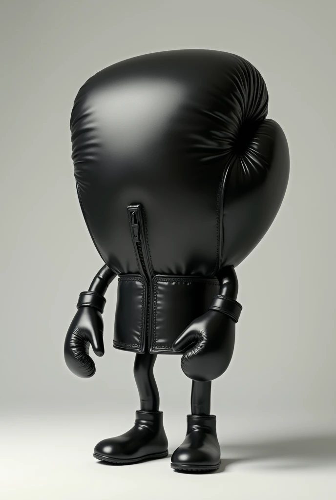 A black boxing glove with no face or torso, with feet and hands