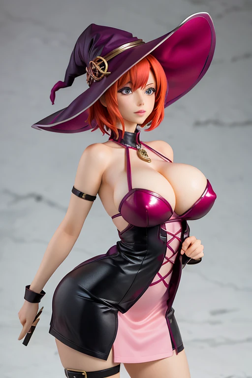 Figurer of Redhead, witch, sexy pose, big breasts, sexy pink dress, short hair, pink witch hat
