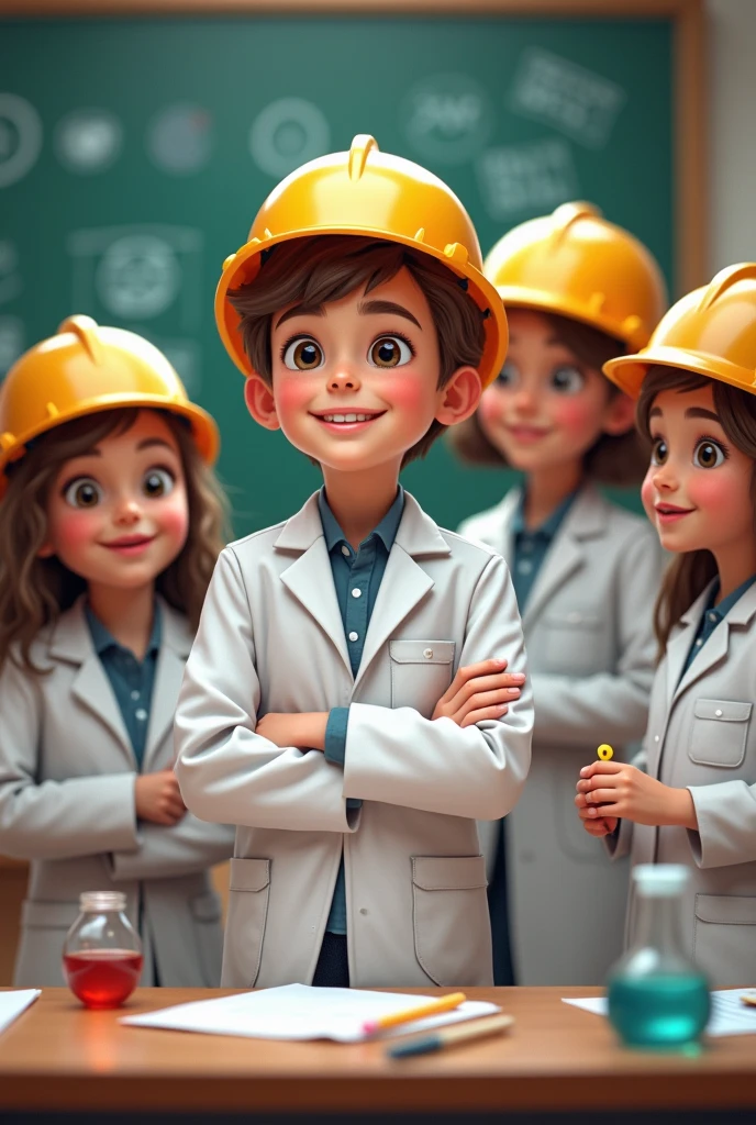 Create an image of 1 boy and 5 girls , that they wear an engineer's helmet and a scientist's lab coat , It is for the group presentation .