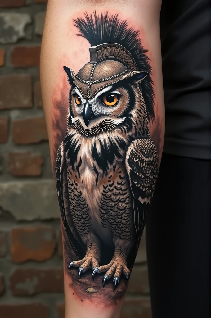 Design a realistic owl tattoo with gladiator helmet 