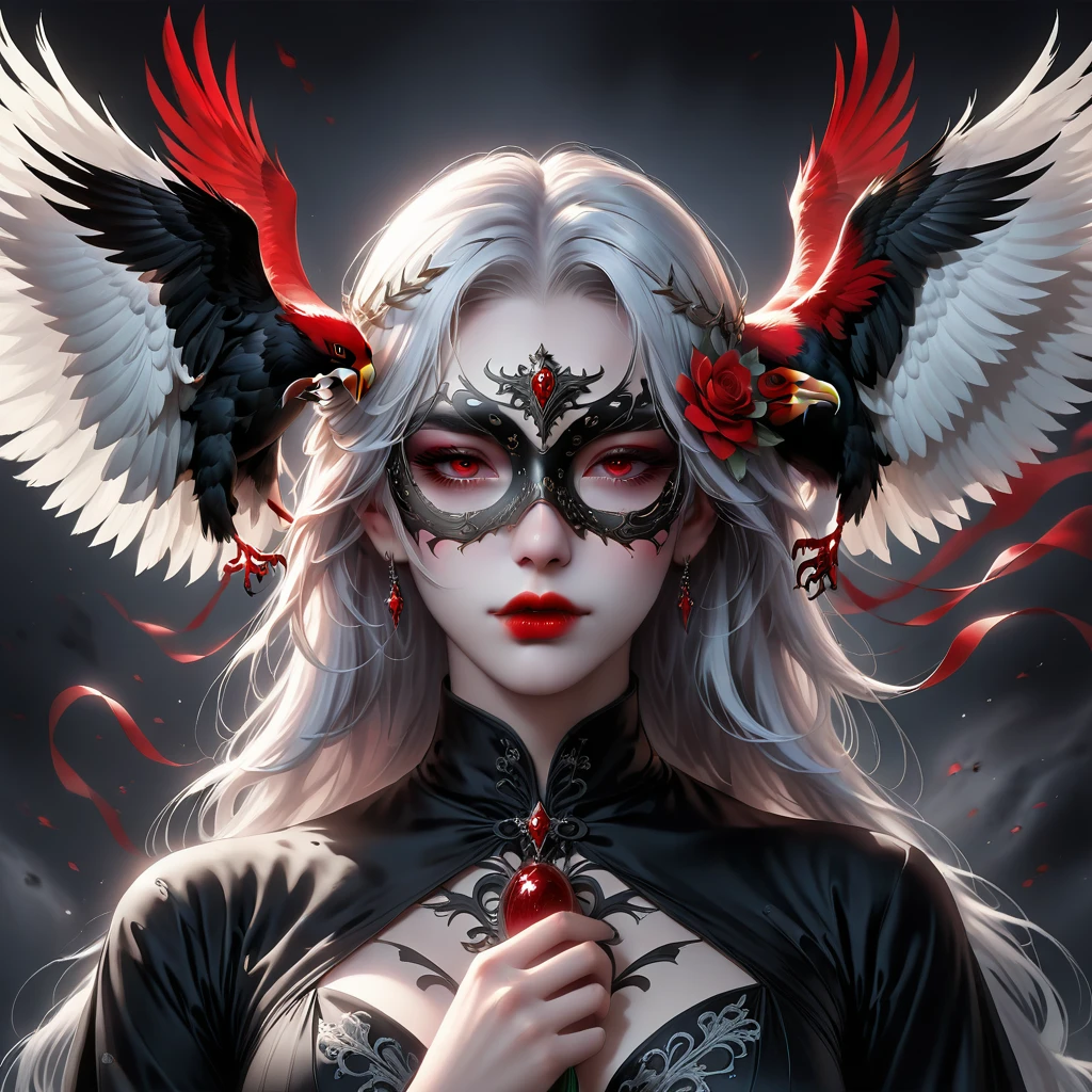 (hand holding mask:1.5),(White haired ghost,slickedback hair,Eyes red),(gothic art),(fearow:1.5),(Correct human anatomy:1.37)