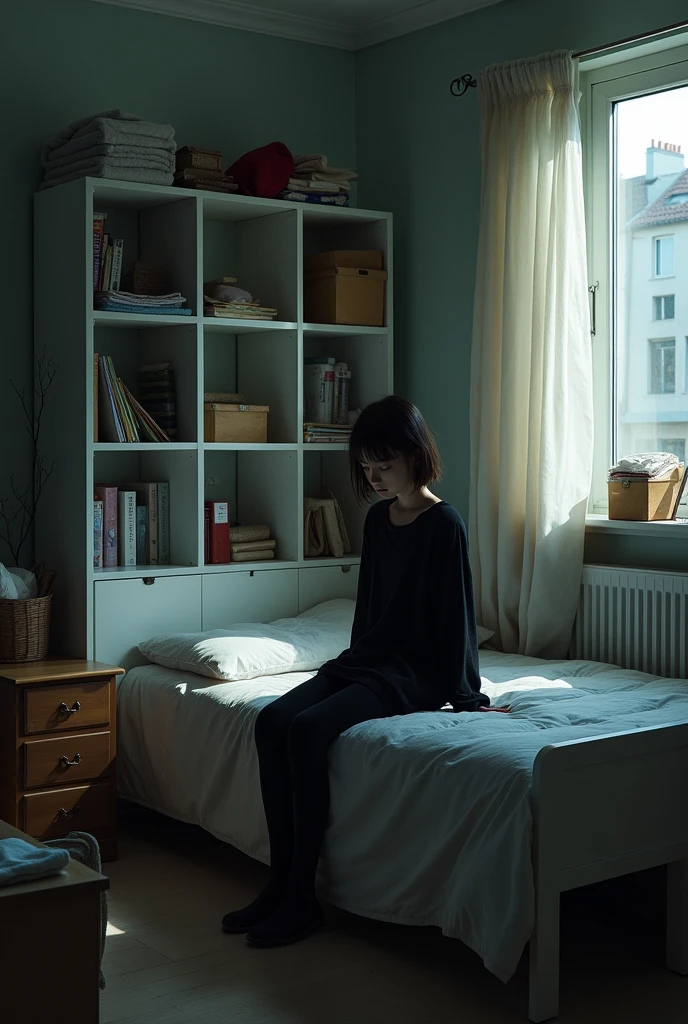 Describing the environment: there's a bedroom, it has the bed that consists of the mattress on the floor, next to the bed there are white double-storey cubic bookshelves, with 5 square compartments/shelves. On the other side of the bed, still having a space between the bed, we have a small wooden bedside table and a small window overlooking buildings. Occupying the remaining space of the room we have boxes and bags of storage, clothes, hygiene products etc., untidy, a mess.
I want you, with the description of the scenario, to create a picture of an environment with little light, where in it there is a young girl, it looks scary, it shows mostly the bones of its shape are highlighted, because she is skinny. a sadness in its curved posture, hair little longer than shoulder length, hair up. This girl is sitting on the bed. Harmless but sad, dressed all black