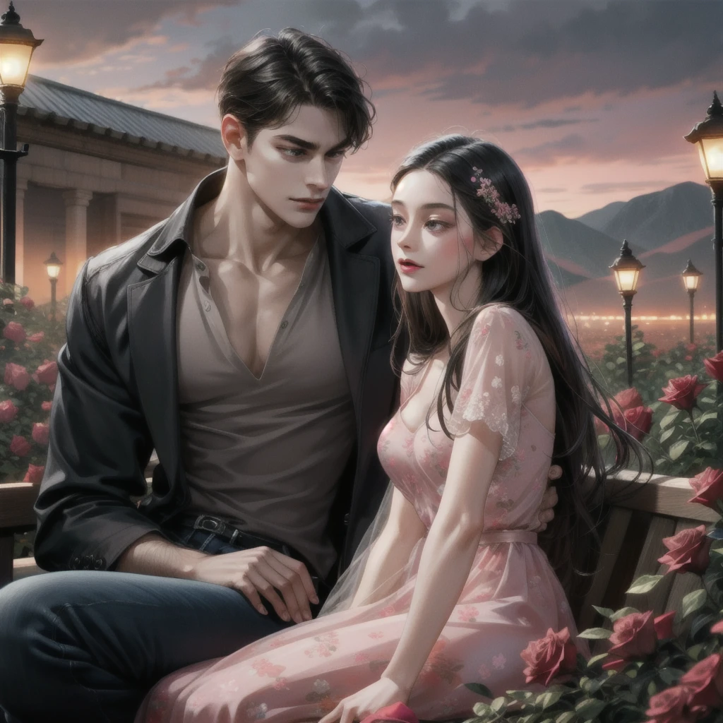 Happy couple, 1 girl 1 boy, Different hair color, Extraordinarily detailed face, Long black bangs and brown eyes. A young woman with long hair, a hair clip, a hair pin.,, A man with black hair, an open forehead, and dark grey eyes.,, Face to face, 35 years old, , (Young woman in a pink floral dress), (Young man in jeans ), The light is dim.,, The boy is tall, has broad shoulders, a sharp face, and fierce eyes., Height difference , Background, night, grassland, lights, sitting, summer, desert, Pink clouds, A land full of roses, Art Station Display, Ultra Wide Lens, high definition,