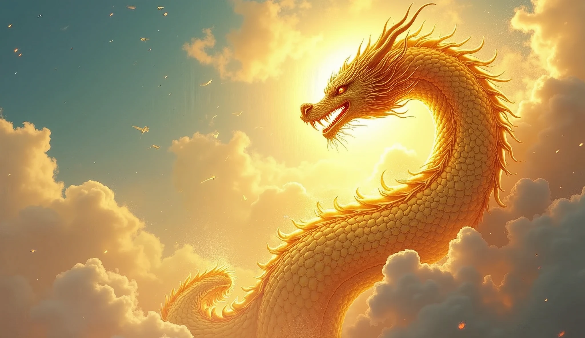 "Create an illustration of a golden dragon deity. It should have serpent-like, metallic scales, ascending upwards, against a clear and bright sky. This illustration embodies spirituality, the realm of the spirit, chakras, the spiritual world, and a fantastical atmosphere."