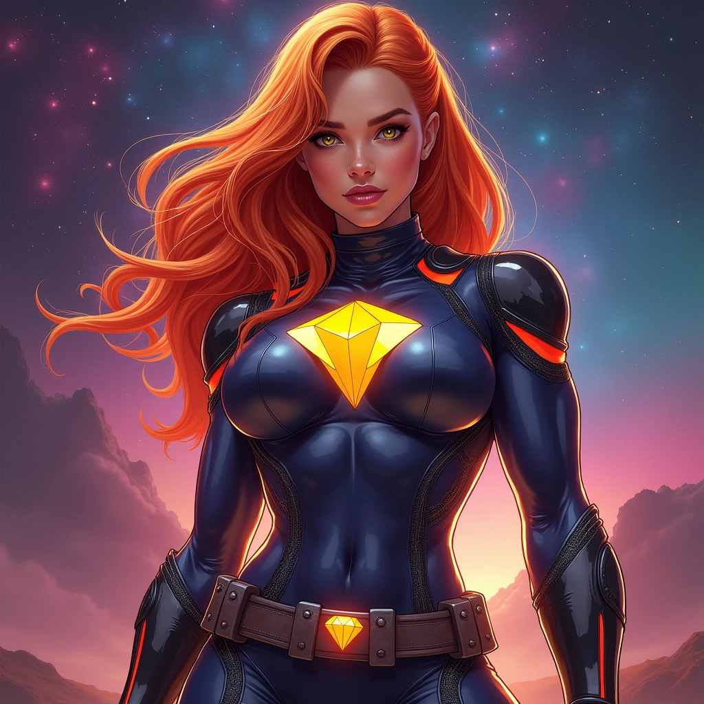 muscular woman mesmerizingly beautiful REDHEAD CARAMEL diamond zero suit samus FLYING IN SPACE GALAXY front portrait face to waist, advanced punk figurative art background, estilo alex petruk