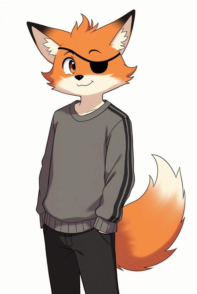Illustration of an orange and white fox、soft and fluffy fur, male, Add a pirate eye patch to the left eye、black long pants、normal physique、age15、Add a long sleeve sweater,grey color with black stripes、Clothes up to the waist、Illustration of only the upper body from the waist up.