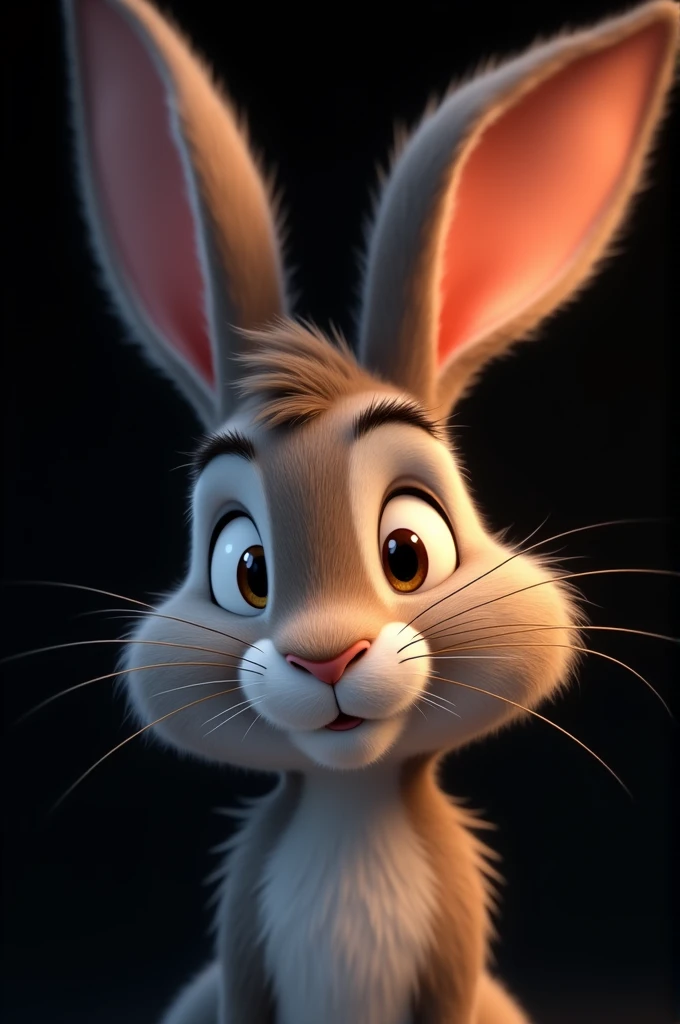 The image is a close-up shot of a rabbit's face, with one large eye and a hint of a smile, giving the impression of a friendly and curious animal. The picture shows the head and face of a rabbit, with only its right eye and nose visible in the frame. The rabbit's fur is brown and gray, and its whiskers are long and white. The background is black, which makes the rabbit's eye pop out and stand out. The picture has a soft and gentle atmosphere, with the rabbit's eye looking directly at the viewer in a friendly and curious way. The image is likely from a children's movie or cartoon, as it is designed to be cute and approachable. 
