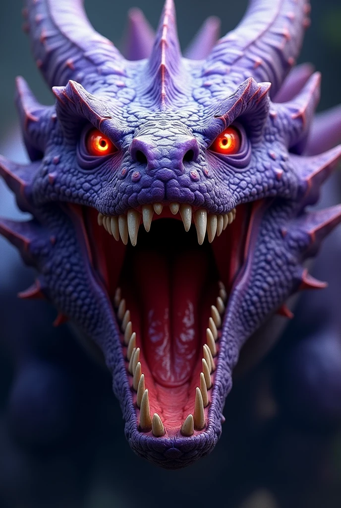 Generate 4 images of a purple dragon opening its mouth, only the dragon&#39;s mouth appears 