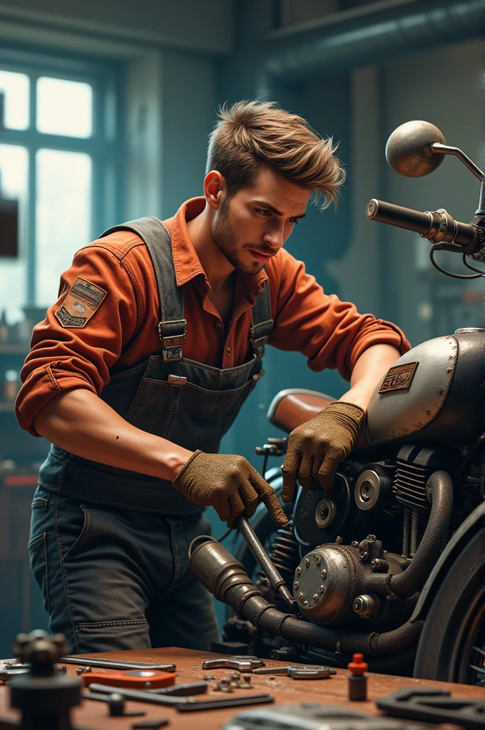 A young mechanic man in work clothes repairing a motorcycle with his tools in 3d painting color drawing