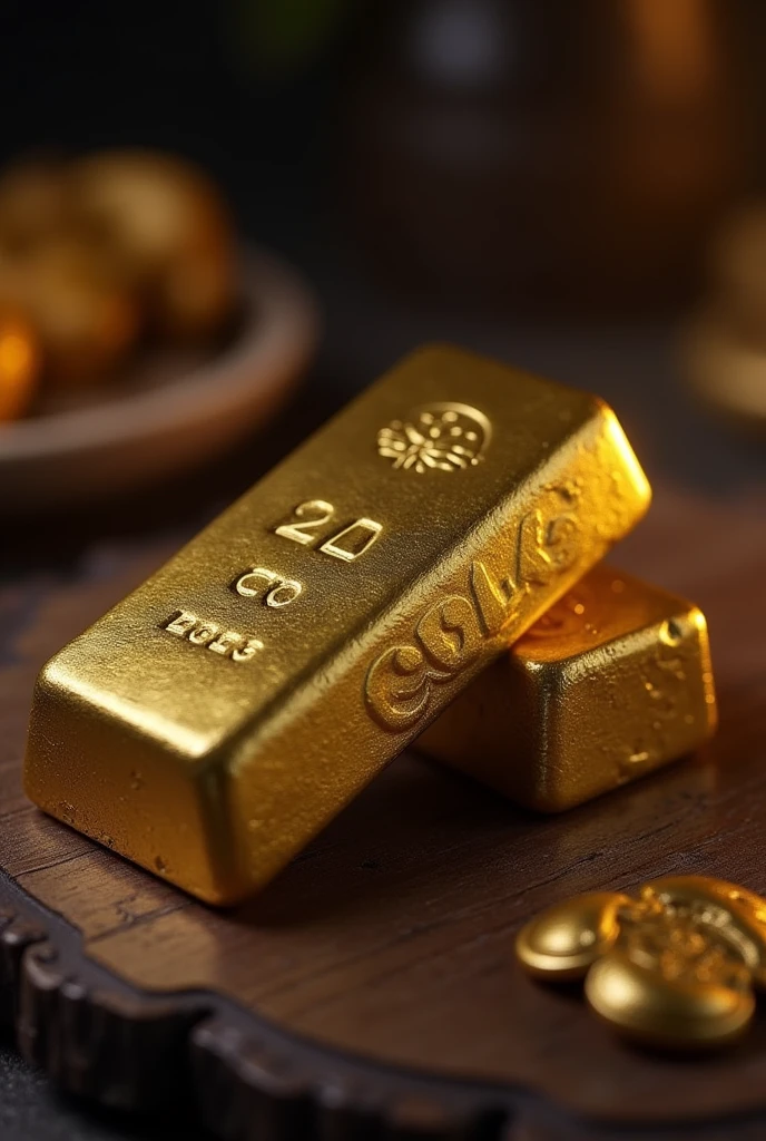 An image of bars, a gold bar on a table with a proportion of 1080x1430 for a product from a virtual store that will sell GOLDS to a RedDead server. The image style should be in the style of red dead images, also in the style of red dead gold bars.