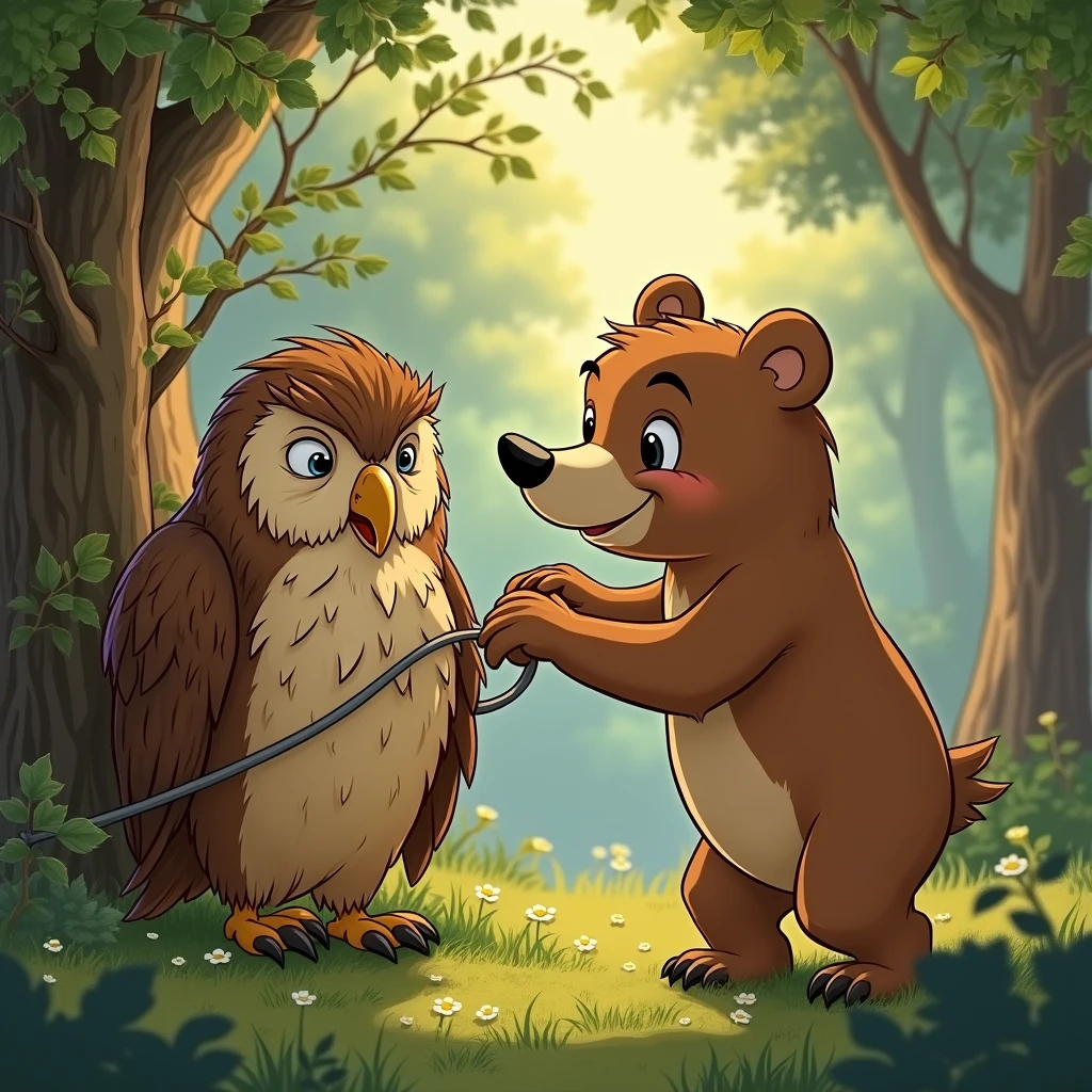"Benny the bear carefully pulling an old, wise-looking owl out of a tangled bush. The owl looks grateful and slightly ruffled, while Benny smiles warmly at his successful rescue."