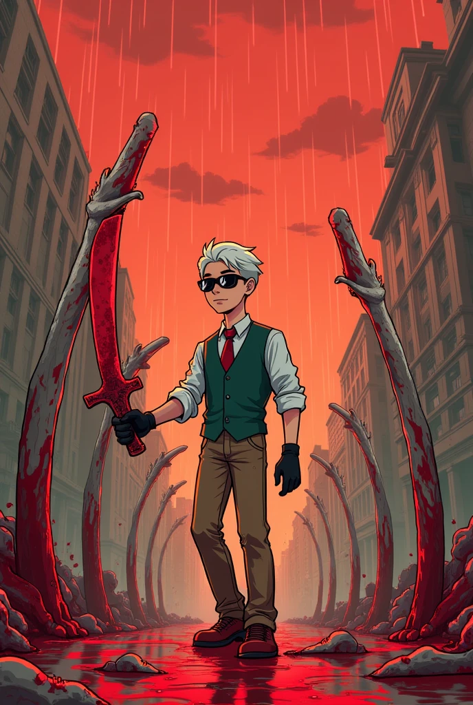 The image must be a Cartoon, An 18 year old boy, skin fair, white hair, wears sunglasses, wears a white dress shirt with a green vest and a red tie, wears brown pants and red shoes, his left arm turned into a blood red blade, while his right arm, Your hand, wears a black latex glove, he's in a city completely covered in blood and this kid is controlling the blood and has several warriors impaled on giant bones, your clothes are covered in blood and blood is falling from the sky.