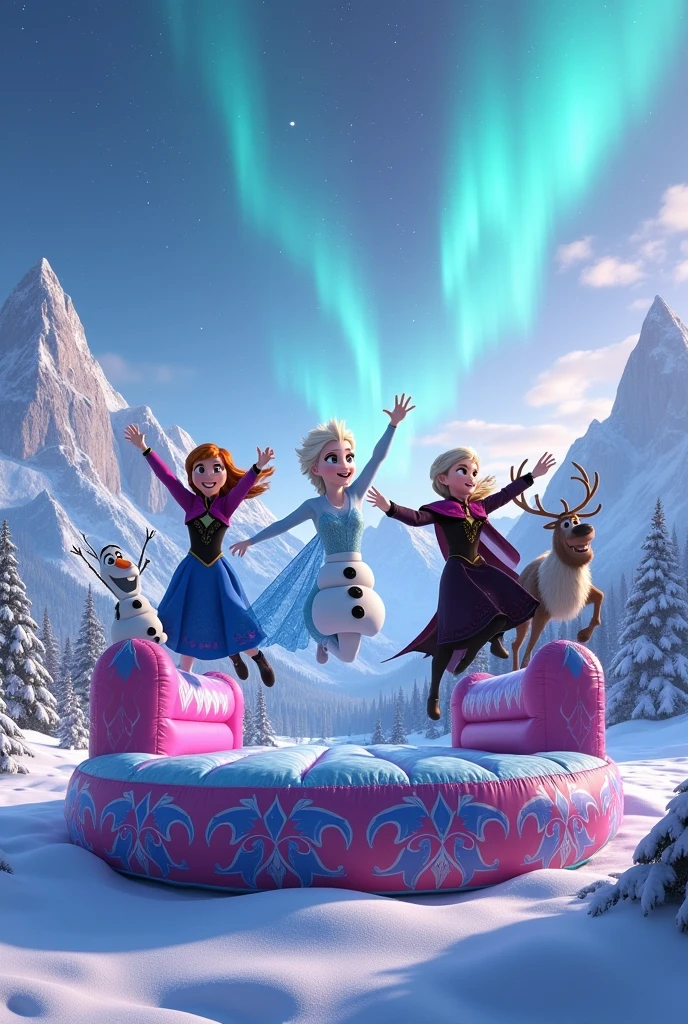 Frozen 2 characters jumping on a bounce house