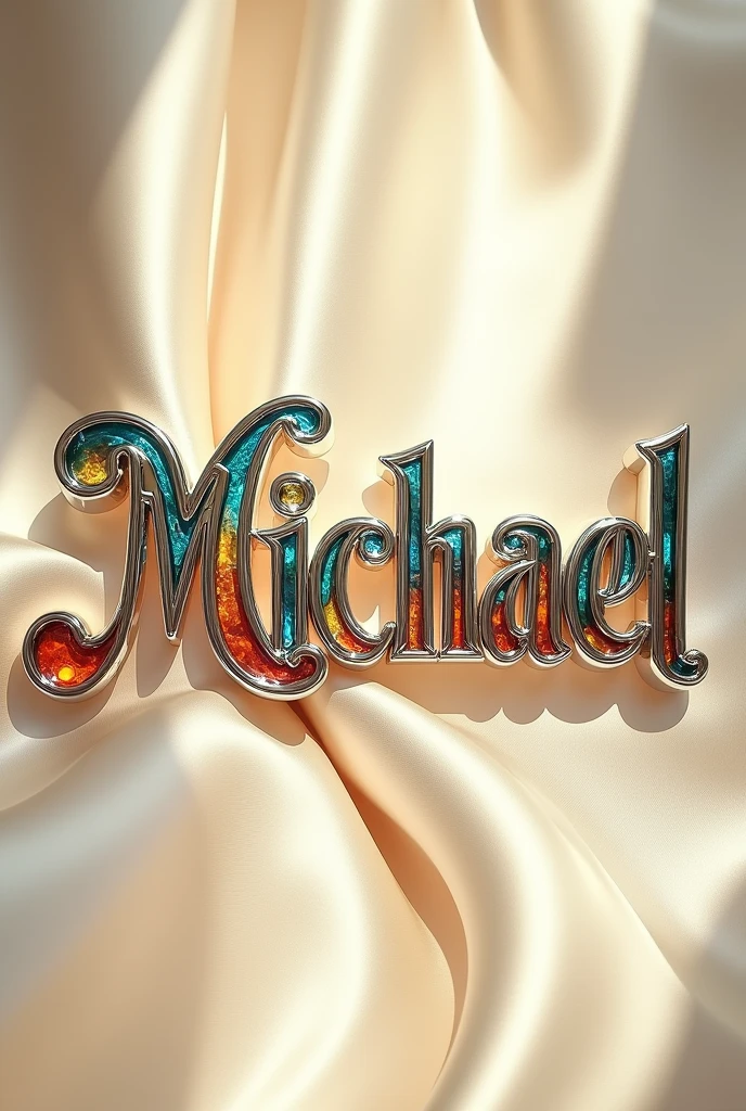 (text:"Michael") The word, in Art Nouveau fancy script text, shiny highly polished silver chrome with coloured glass insets, art nouveau, flowing shapes and flourishes, well lit front face view on flat cream silk background, direct front lit by very bright sun, tropical reflection on text, highlights, lens flare, logo, badge, emblem, insignia, label, photorealistic, extremely detailed, beautiful, unique, epic, cinematic, sparkling,