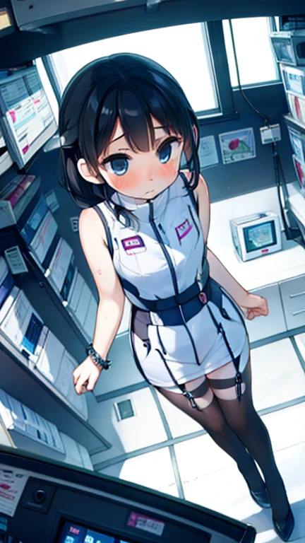(Highest quality), (masterpiece), 1080P, High resolution, 4K, 8k, Inside the space station、Futuristic room、Thigh straps, Shooting from directly below, The woman on top of me, 白いSweat, Covered , Sweat, Woman looking down, Skirt swimsuit, Thigh-high socks, To achieve this, 16 years old, , whole body, Black leather shoes, Braided hair, Inner Color, Embarrassed face, Short black hair, bracelet, Bedroom,celestial body_Vest