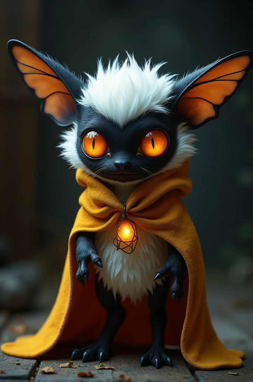 I want you to create a character for me that has the characteristics of the style of a video game called Hollow Knight that adopts a drawing style influenced by Tim Burton with the following words: The character was a moth which was a small creature shaped like a cocoon instead of a head.., covered with hairy feathers of a bright white color. His eyes had an orange glow that reflected like flashes of light, While his little sideburns and thin legs gave him an adorable appearance... A faint aura of light enveloped him as if he were a faint cloud. The creature that was a moth has a cloak and has a striking and unique appearance.,Made of feathers and essence, The cloak was woven with skill and precision to completely cover her body..The colors and designs of the cape reflected the very essence of The Flash..., as well as the soft and smooth texture of its feathers... Wrapping the wearer, The cape fit him perfectly and covered him completely.., like a second skin that protected him from darkness and infections.The character in the image is a stylized representation of a moth with anthropomorphic features.. It has a pair of large, bright orange eyes and two elongated, hairy antennae that resemble ears., with orange tips. The body is covered with white, fluffy fur., which gives it a soft appearance. A layer covers the body almost completely., leaving only the head and part of the chest exposed. The cape appears to be made of the same white fur as the body.. The background is dimly lit and indistinct., which highlights the character's bright eyes and gives it an ethereal quality.
The face is black so that its eyes stand out while its body is completely covered by the cape..