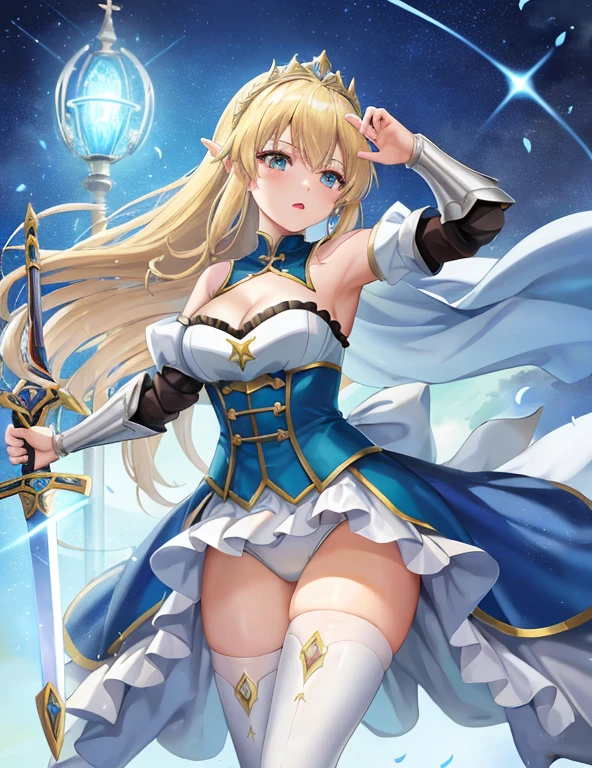((masterpiece)), Highest quality, (8k, Highest quality, masterpiece: 1.2), Very detailed, Close-up of a costumed person holding a sword, Concept art inspired by Le Chevalier, Pixiv, Conceptual Art, Wearing light leather armor, Artoria Pendragon, Girl in Armor, Light blue armor, Opal Armor, Zodiac Knight Girl, Wearing light armor, cushart krenz, 魅惑的なElf Princess Knight, Close-up of a costumed person holding a sword, Wearing light leather armor, Artoria Pendragon, Girl in Armor, Light blue armor, Opal Armor, Zodiac Knight Girl, Wearing light armor, cushart krenz, alluring Elf Princess Knight, rogue anime girl ayanami rei, Elf Princess Knight, Shiny white armor, Women Clergy,Blonde,Thighs,boots,Cleavage,Armpit,White underwear