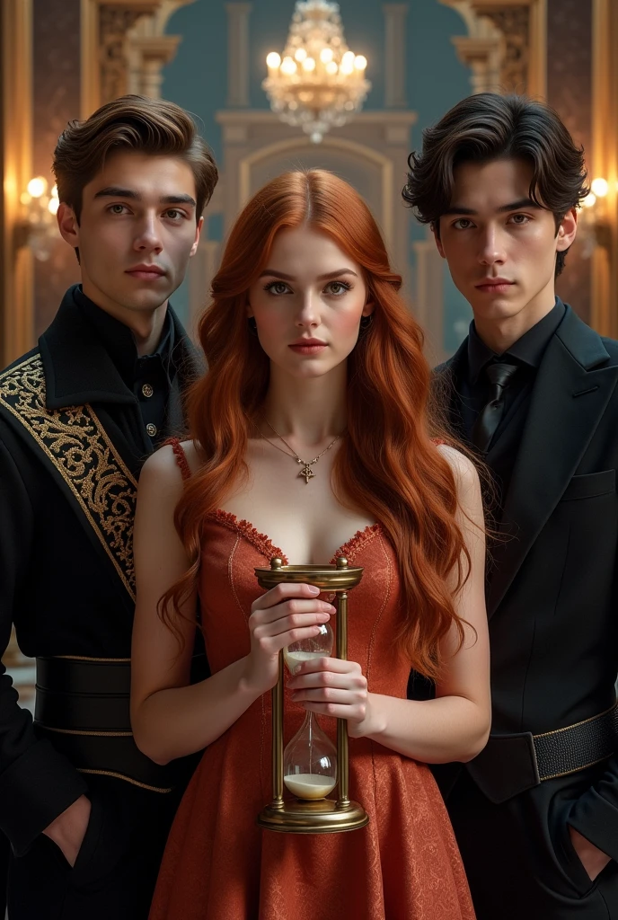 Olena: 20 years old with long reddish-brown hair and hazel eyes. Elegant, fantasy-inspired attire.

Segast: Young man with short brown hair and deep brown eyes. Royal, sophisticated clothing with a modern touch.

Eugan: Slightly older with intense black eyes and dark hair. Dark, elegant clothing suggesting mystery.

Background: Grand palace with magical and mysterious elements.

Lighting and Mood: Dramatic with high contrast to evoke romance and intrigue.

Composition: Olena in the center holding an hour glass, with Segast and Eugan flanking her, showing tension and interaction.