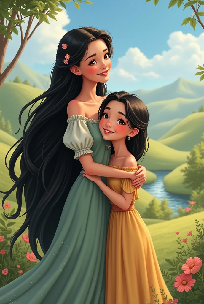 2 cute girls one tall happy rapunzel like but black hair
