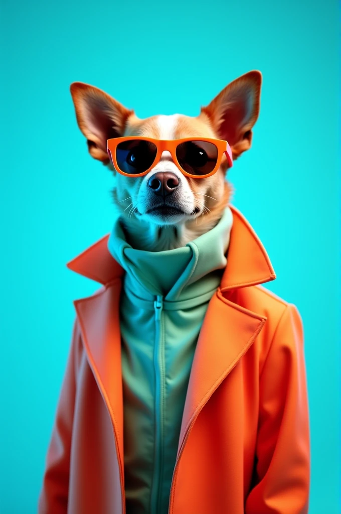 The best cell phone wallpaper, Award-Winning Wallpaper, portrait photography, In the front view is a portrait of a cute dog wearing mid-1960s space age fashion, Side view photo, Shot with Canon EOS R5, Set a strong contrast that accentuates the subject, Fluorescent blue tone, Wearing a very modern coat and sunglasses is a modern 1960s style, Clothes all in one color, beautiful background
