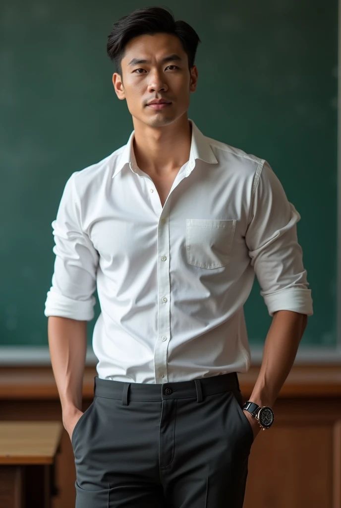 Vietnamese man, 25 years old, teacher,Handsome and elegant, Wearing a  uniform, sexy , Masculine and handsome，musculous，Muscles look good, with fair skin,, Full body photo,(ultra-detailed, photorealistic, best quality, 4k, 8k, highres, masterpiece:1.3), a mature man, charming and distinguished , (muscular build body), wearing tailored shiny  dress shirt, , perfectly fitted charcoal trousers, sweat, unbutton buttons shirt, lewd face ,tight chest, sex,See-through shirt, erotic, horny, , Accessories include a luxury wristwatch, in the Classroom‎,looking at viewer,muscle veins,no underwear ,Tight shirt makes muscle,unbutton,six pack,take off your shirt,shirtless