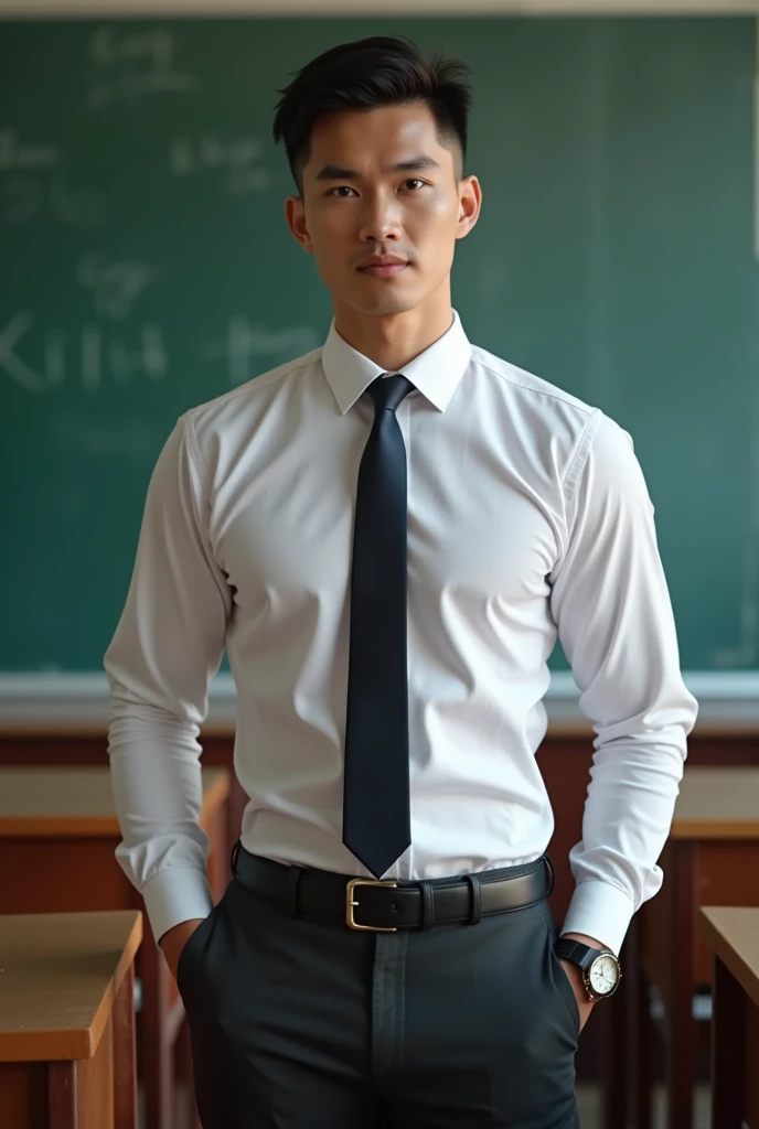 Vietnamese man, 25 years old, teacher,Handsome and elegant, Wearing a  uniform, sexy , Masculine and handsome，musculous，Muscles look good, with fair skin,, Full body photo,(ultra-detailed, photorealistic, best quality, 4k, 8k, highres, masterpiece:1.3), a mature man, charming and distinguished , (muscular build body), wearing tailored shiny  dress shirt, , perfectly fitted charcoal trousers, sweat, unbutton buttons shirt, lewd face ,tight chest, sex,See-through shirt, erotic, horny, , Accessories include a luxury wristwatch, in the Classroom‎,looking at viewer,muscle veins,no underwear ,Tight shirt makes muscle,unbutton,six pack,take off your shirt,shirtless