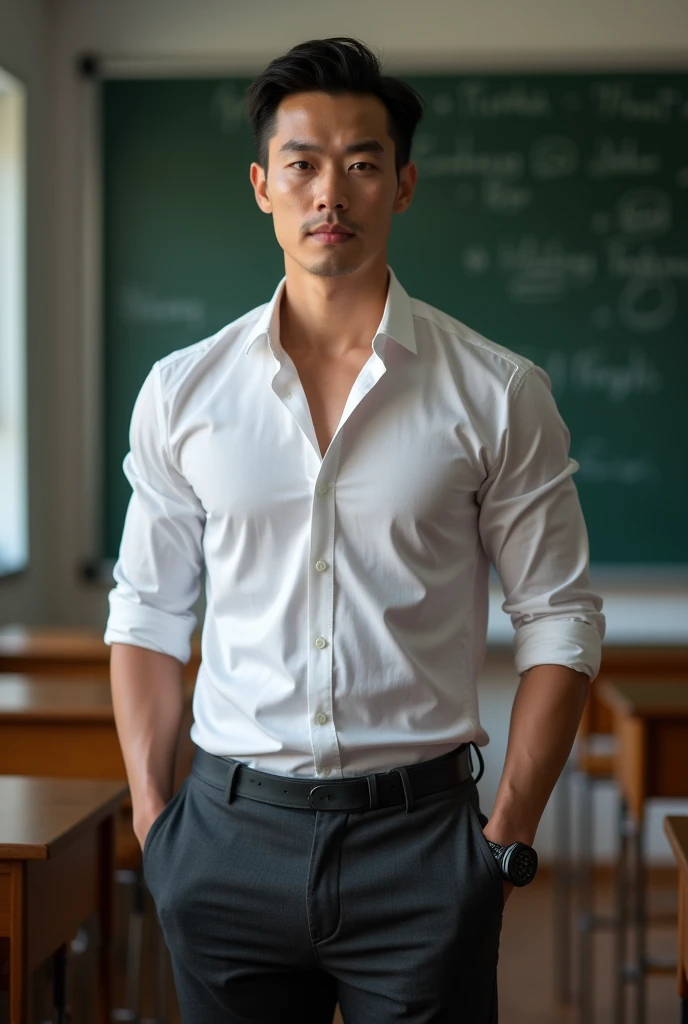 Vietnamese man, 25 years old, teacher,Handsome and elegant, Wearing a uniform, sexy , Masculine and handsome,musculous,Muscles look good, with fair skin,, Full body photo,(ultra-detailed, photorealistic, best quality, 4k, 8k, highres, masterpiece:1.3), a mature man, charming and distinguished , (muscular build body), wearing tailored shiny dress shirt, , perfectly fitted charcoal trousers, sweat, unbutton buttons shirt, lewd face ,tight chest, sex,See-through shirt, erotic, horny, , Accessories include a luxury wristwatch, in the Classroom,looking at viewer,muscle veins,no underwear ,Tight shirt makes muscle,unbutton,six pack,take off your shirt,shirtless