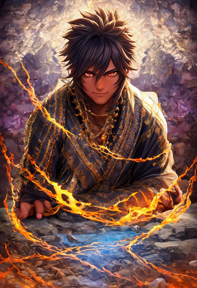 a young man, , god of fire, ebony skin, muscular, fire hair, flowing hair, bright eyes, iris-free, shy, big smile, embarrassed, pirate long sleeve shirt, round face, anime style, (best quality,4k,8k,highres,masterpiece:1.2),ultra-detailed,(realistic,photorealistic,photo-realistic:1.37),HDR,UHD,studio lighting,ultra-fine painting,sharp focus,physically-based rendering,extreme detail description,professional,vivid colors,bokeh,portraits,fantasy,dramatic lighting, Fiery black background, seated on a stone, stone on a black lake. 