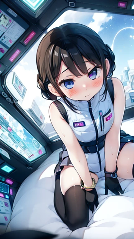 (Highest quality), (masterpiece), 1080P, High resolution, 4K, 8k, Inside the space station、Futuristic room、Thigh straps, Shooting from directly below, The woman on top of me, 白いSweat, Covered , Sweat, Woman looking down, Skirt swimsuit, Thigh-high socks, To achieve this, 16 years old, , whole body, Black leather shoes, Braided hair, Inner Color, Embarrassed face, Short black hair, bracelet, Bedroom,celestial body_Vest