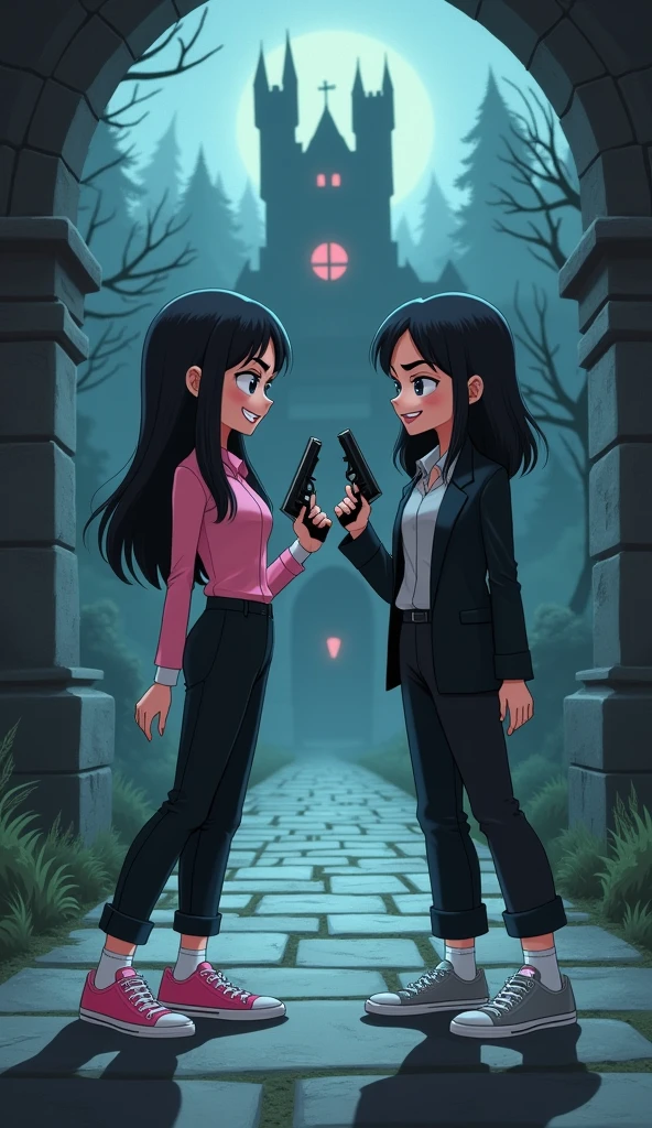 Two girls, yuri,(The first girl wear a pink shirt, black suit, black trousers, white socks, pink sneakers) and (The second girl wore a grey shirt, black suit, black trousers, white socks, grey sneakers) holding a handguns, run on the entry road of vampire castle, angry eyes, smile, novel cartoon, 4K, HD