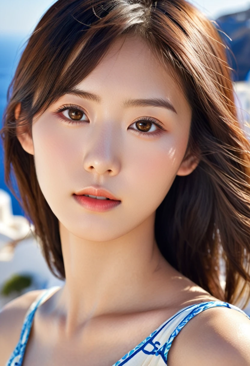 prompt:  Over-the-shoulder shot, Photo of super cute 20 year old Japanese supermodel, eye level shot, taken from about 1m away from them, daytime, background: Santorini, ultra realistic, realistic skin texture, natural look, vibrant sunlight highlighting features, HD quality, natural look --ar 2:3 --style raw --v 6.1