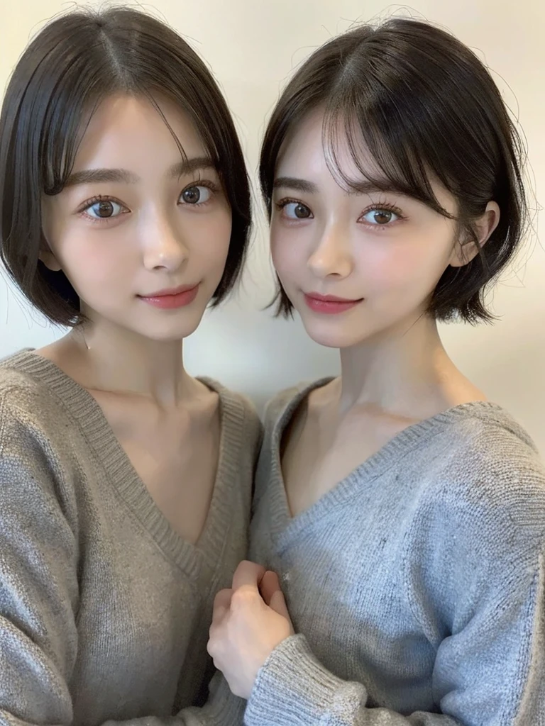 (masterpiece:1.3), (8k, Photoreal, Raw photo, best image quality: 1.4), Japanese high school girl、(random hairstyle:1.2)、cleavage:1.5、super detail face、eye for details、double eyelid、chest to chest、sharp focus:1.2、Beautiful woman:1.4、light brown hair、highest quality、masterpiece、超A high resolution、(Photoreal:1.4)、Highly detailed and professionally lit smiles、loose and light knitwear、shoulder out、thin、serious expression、short haired、deadly position
similar identical twins
All the girls have the exact same face, The two have the same face and figure, as if they were mirror images.