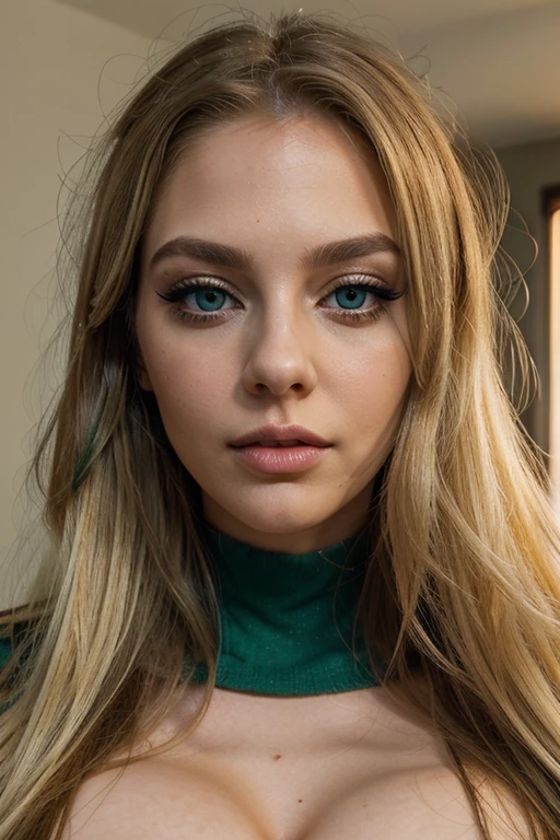 closeup photo of a beautiful girl, huge breasts, blond neck length hair, 28 years old, green eyes, large full lips, running black eyeshadow makeup, detailed skin