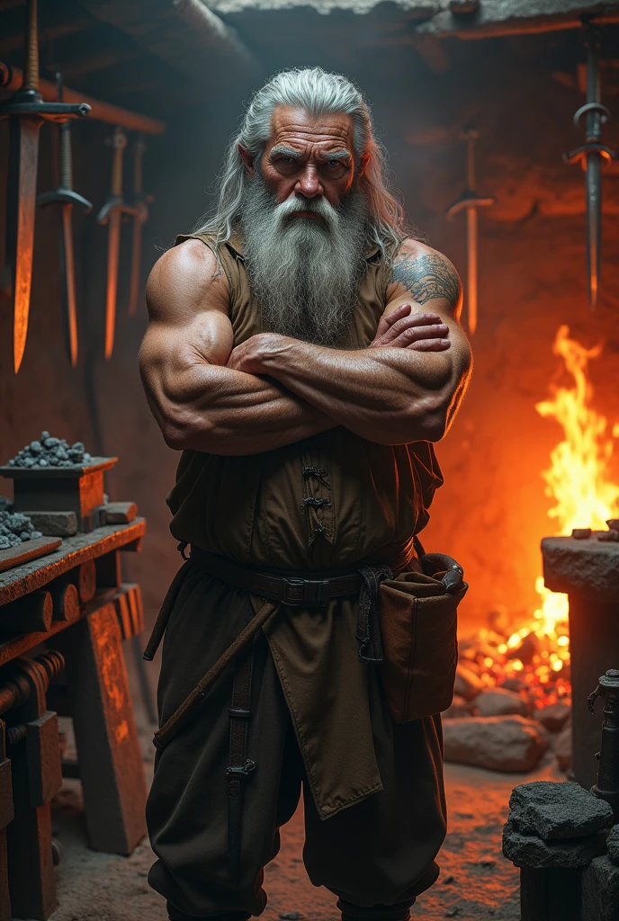 an elderly forger, muscular with gray hair and a thick beard, Stands with his arms crossed. He has a serious expression, almost intimidating, which shows your experience and strength. Ao fundo, the forge is alive, with flames dancing and illuminating the sharp swords that hang on the shelves. The atmosphere is rustic, with metal tools and charcoal scattered around, reflecting the dedication and hard work of the forger. It is an image that conveys both wisdom and power.! 