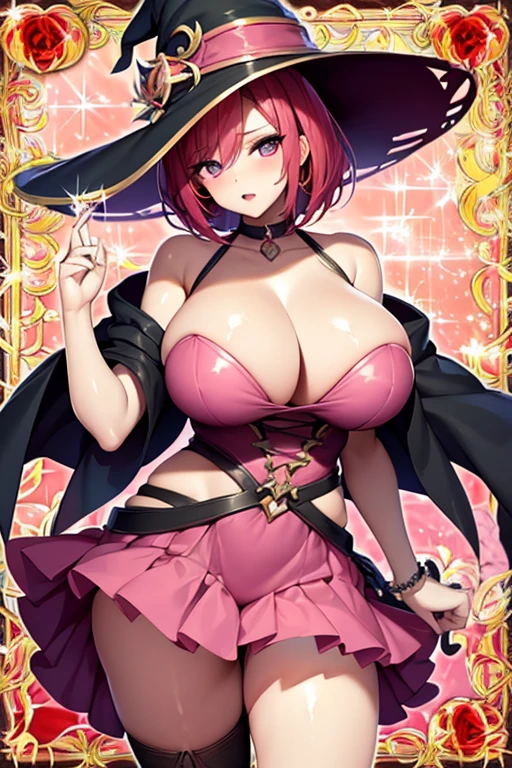 Trading card of of Redhead, witch, sexy pose, big breasts, sexy pink dress, short hair, pink witch hat