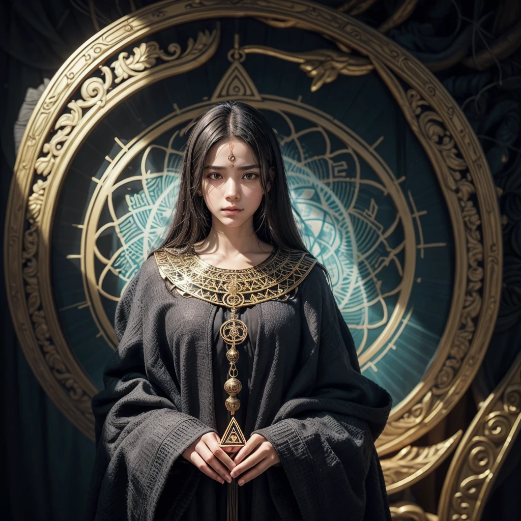 Description: A mysterious character who acts as the protector and guide of higher knowledge. Never reveals your face, always appearing with a silhouette or symbols associated with sacred geometry.Personalidade: wise, enigmatic, talks in metaphors and offers tips on how to raise personal and collective frequency.