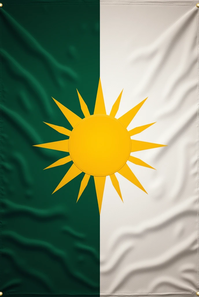 Generate a flag that has two colors: dark green at the top, white at the bottom, and a yellow sun symbol in the middle of the flag.