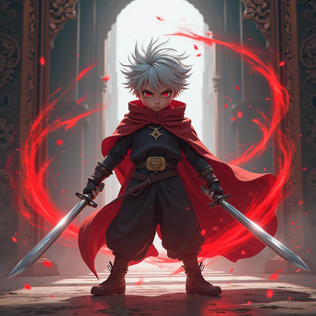 A boy with a red and black aura to make him look like a strong enemy, with silver hair, dual swords as weapons, no cape, and a temple from the game