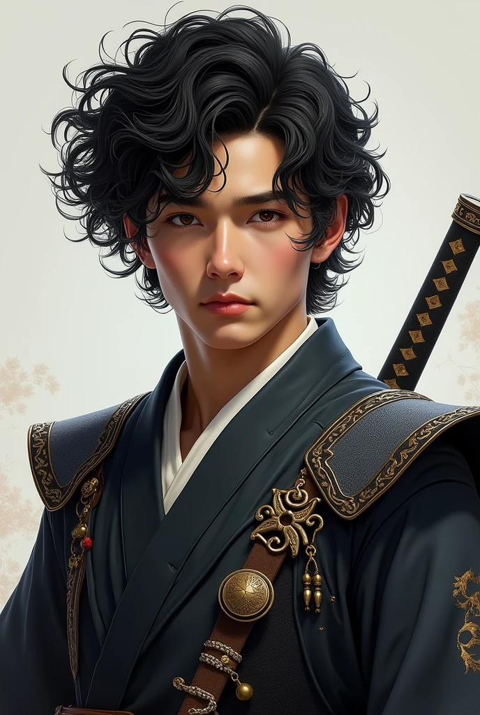 A black and curly hair and handsome face boy with his samurai cloths taking a realistic photo