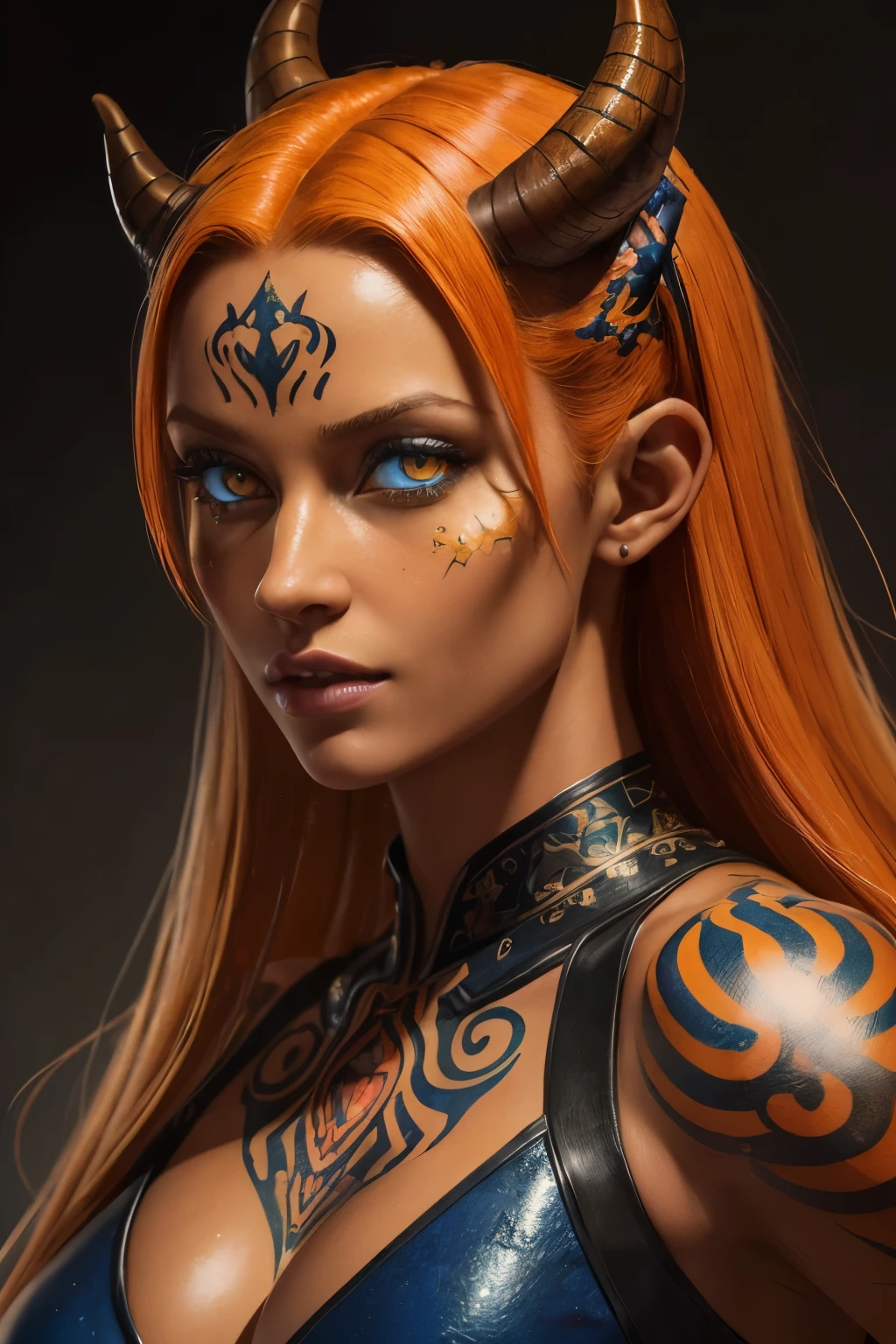 (((Masterpiece))), (((Best Quality: 1.4))), ((Super Detail: 1.4)) , hyper detailed gouache painting of a female Tiefling, gorgeous exotic features, amber neon eyes:1.5, orange hair, hyper detailed face features, expressivo face, detailed textures, blue skintone, tattoos, natural skin shader, volumetrics, warm undertones under her skin, ultra High resolution