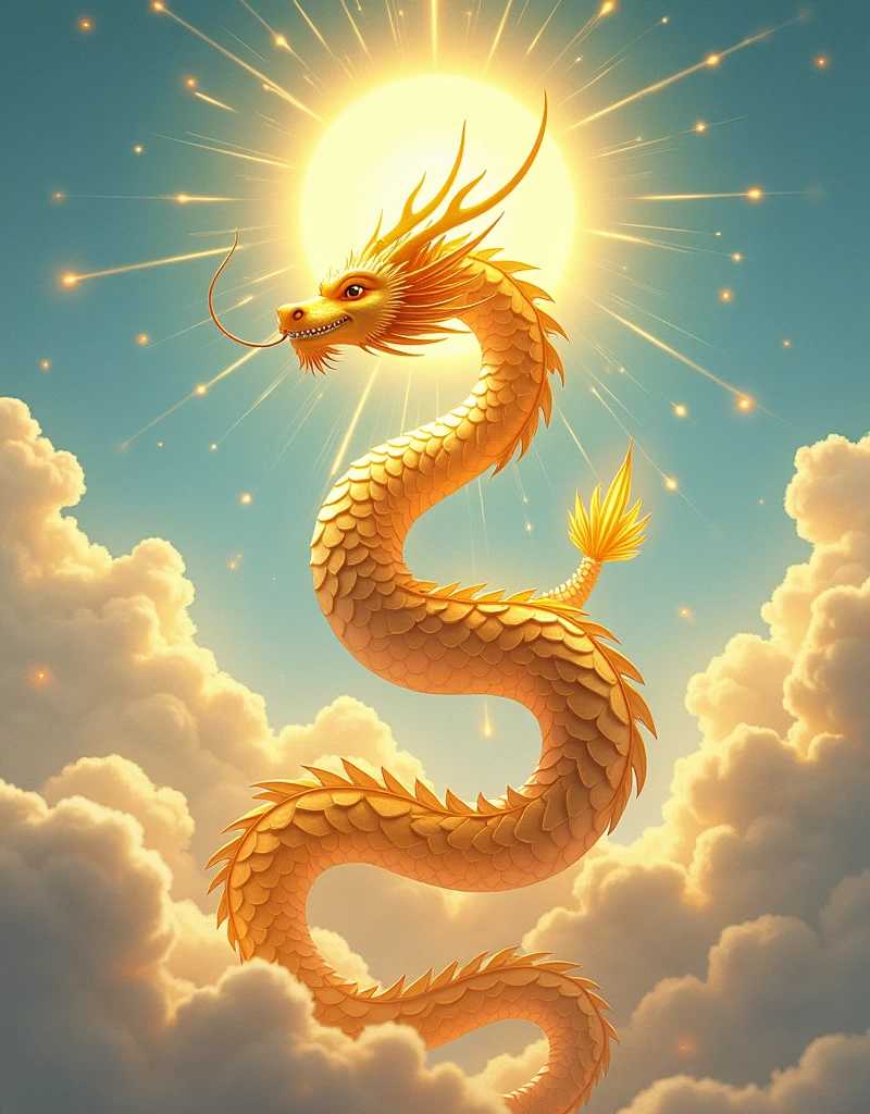 "Create an illustration of a golden dragon deity. It should have serpent-like, metallic scales, ascending upwards, against a clear and bright sky. This illustration embodies spirituality, the realm of the spirit, chakras, the spiritual world, and a fantastical atmosphere."