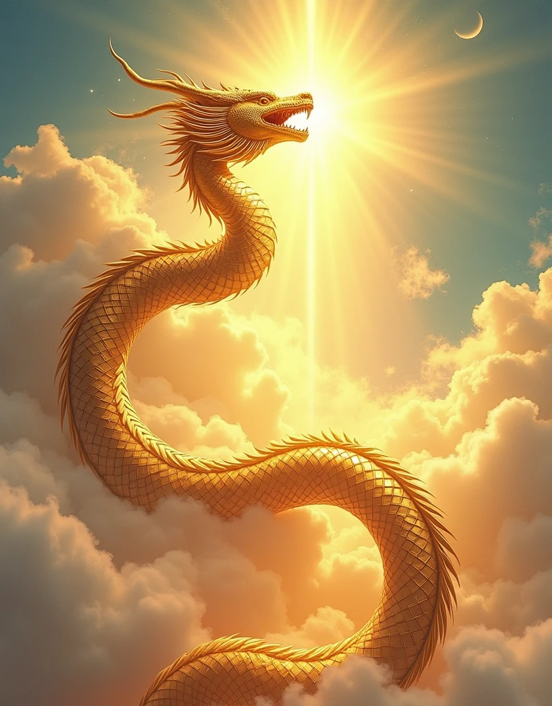 "Create an illustration of a golden dragon deity. It should have serpent-like, metallic scales, ascending upwards, against a clear and bright sky. This illustration embodies spirituality, the realm of the spirit, chakras, the spiritual world, and a fantastical atmosphere. in the garden of Eden 32k UHD"