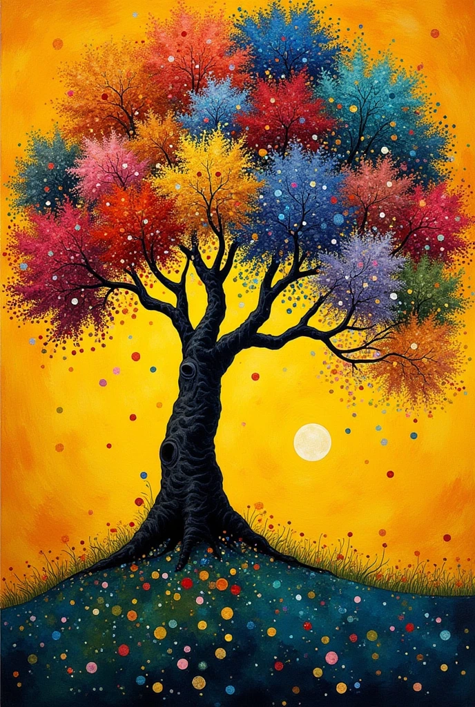 Gemstone hanging tree japanoisme Gustav Klimt full on Abstract easy-on-the-eye colourscheme shimmer and lightstreaks butter yellow fantastical naive art henri rousseau